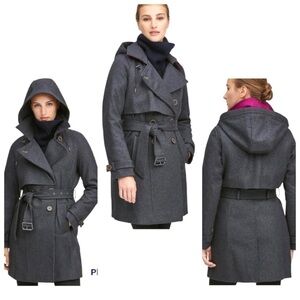 Rae Double Breasted Wool Coat by Andrew Marc Charcoal Gray Belt Hood Sz …